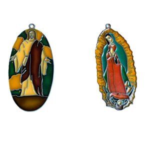 2 Vintage Christian Stained Art Glass Sun Catcher Jesus, Risen Lord & Madonna